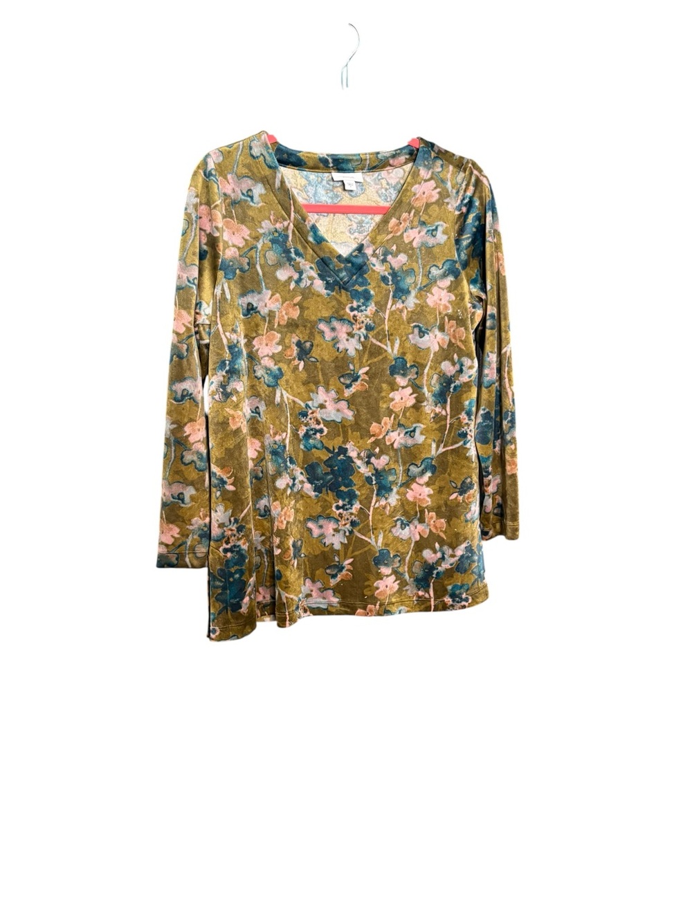 Pure Jill Olive Floral V-Neck Long Sleeve Velvet Fall Everyday Tunic Top sz S